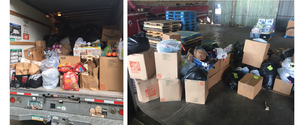 Dozens of boxes and donated supplied are unloaded from the truck .