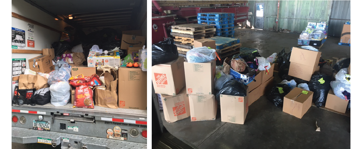 Dozens of boxes and donated supplied are unloaded from the truck .